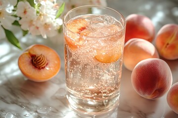 glass of peach soda, on a marble stone table, with peaches and flowers beside, beautiful sunlight and shadow, French romance