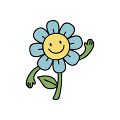 Retro Happy Flower Waving Character. A vibrant blossom exudes delight, offering an inviting greeting with its uplifted hand. This playful graphic embodies merriment and warmth.