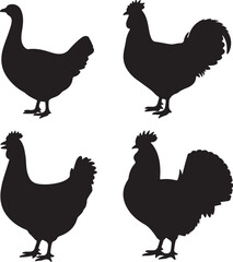 set of Goose, Chicken, Rooster, Turkey silhouette vector on white background