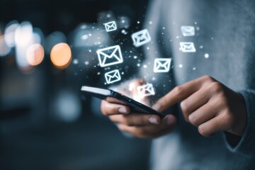Person Using Smartphone to Send Email with Digital Icons Representing Communication and Connectivity