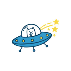 Cute Cat Flying Saucer Adventure. An adorable feline pilot navigates a blue spacecraft, exploring the cosmos. This whimsical illustration evokes wonder and playful discovery.