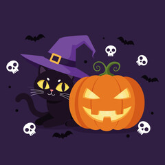 A cute black cat in a purple witch hat sits beside a glowing Jack-o'-lantern pumpkin for Halloween.