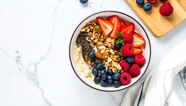 Healthy breakfast bowl with granola, fruit, and yogurt