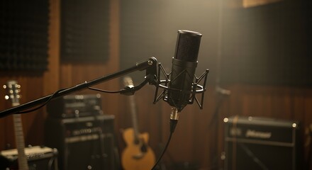 Studio Microphone Ready for Recording - Warm Lighting, Acoustic Guitars.