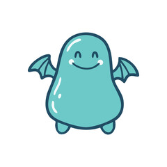 Happy Teal Blob Character. Adorable turquoise creature with small wings exudes pure joy. Its cheerful expression symbolizes innocence and playful charm, ideal for delightful concepts.