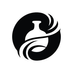 Dynamic Elixir Vessel Icon. Abstract emblem of a classic urn surrounded by flowing, wave like forms. It represents bottled spirit, precious goods, and ancient craftsmanship.