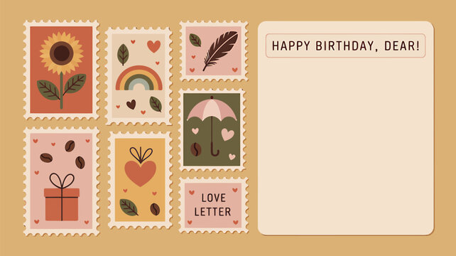 Send warm birthday wishes with this delightful customizable card featuring charming sunflower, rainbow, and heart-themed postage stamps, perfect for adding your personal message