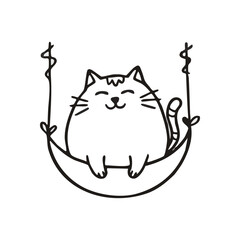Contented Cat on Lunar Swing. Charming illustration features a delightful domestic pet enjoying a celestial perch. Its blissful expression symbolizes happiness, dreams, and sweet tranquility.
