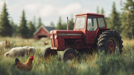 red tractor parked in a grassy field surrounded by farm animals including cows, chickens, and sheep, Bright natural daylight with soft shadows