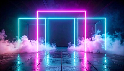 A futuristic interior features neon-lit square portals and clouds of vibrant pink and blue fog, reflecting on a shiny floor