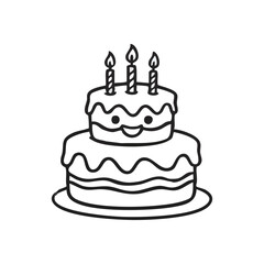 Joyful Birthday Cake Outline Drawing. A whimsical two-tiered dessert features glowing illuminators and a contented expression. This graphic evokes feelings of merriment and success.