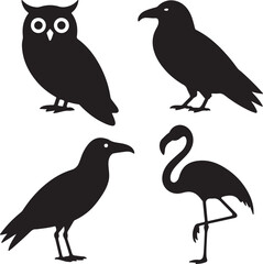 set of Owl, Crow, Raven, Flamingo silhouette vector on white background
