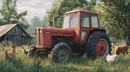 red tractor parked in a grassy field surrounded by farm animals including cows, chickens, and sheep, Bright natural daylight with soft shadows
