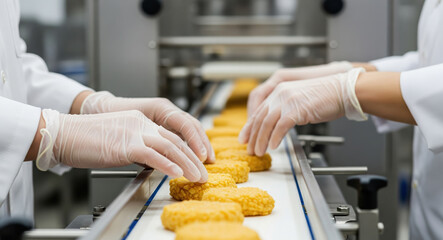 Food production workers with protective gloves handling yellow products on industrial conveyor belt. Commercial manufacturing facility featuring assembly line operations and quality control processes.