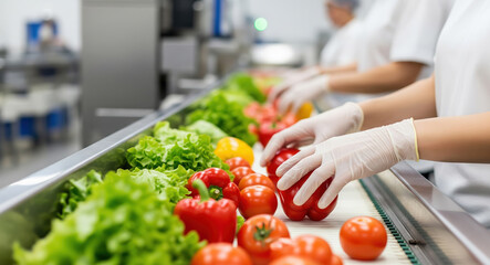 Food processing workers with protective gloves selecting fresh vegetables on industrial conveyor belt. Commercial facility featuring quality control operations with peppers, tomatoes, and lettuce