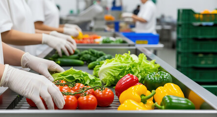 Food processing workers with protective gloves sorting fresh vegetables including tomatoes, peppers, lettuce on industrial conveyor. Commercial facility featuring quality control and hygiene standards