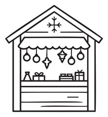 Christmas market stall outline with decorations and gifts - stock vector