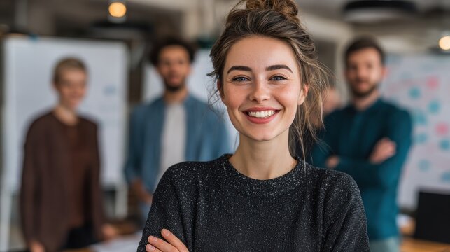 young female designer smiling while standing with her arms crossed after an office meeting with colleagues standing in the background no logos no brands ar 169