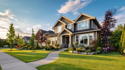 Fototapeta premium beautiful exterior of newly built luxury home yard with green grass and walkway lead to front entrance no logos no brands ar 169