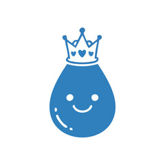 Happy Water Drop King Icon. A delightful blue liquid adorned with a majestic coronet and a joyous expression. This illustration conveys pure, premium hydration and environmental care.