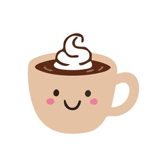 Delightful Hot Drink Character Art. This cheerful cartoon cup with a sweet smile and creamy swirl radiates warmth, joy, and comfort. An endearing design for a pleasant mood.