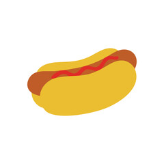 Classic Hot Dog Icon with Ketchup. A simple graphic depiction of a traditional frankfurter in a golden bun, topped with vibrant red sauce. Symbolizes casual dining and comfort.