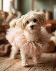 small dog wearing a pink tutu standing on a wooden floor, Soft indoor lighting with natural window light