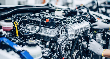 Fototapeta premium Automotive engine compartment with detailed mechanical components, wiring, hoses, fluids. Modern car motor featuring pistons, cylinders, electronic sensors, maintenance service technology, precision