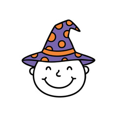 Cheerful Cartoon Face in Witch Hat. Joyful character illustration wearing a vibrant Halloween costume. Perfect for spooky season celebrations, representing enchantment and fun.