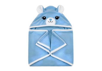 Adorable blue hooded towel with bear ears and cute face for babies and toddlers bath time fun isolated on transparent background