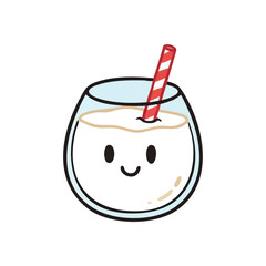 Cheerful Milk Drink Character. An adorable, smiling glass of creamy liquid with a striped straw, radiating a feeling of joy and refreshing delight.