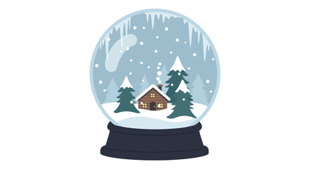 Winter scene within a glass snow globe featuring a cozy cabin silhouette