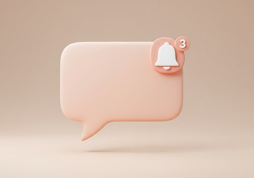 A 3D rendering of a peach-colored speech bubble with a notification bell and the number three indicating unread messages.