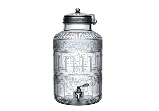 Antique glass beverage dispenser with ornate etching and spigot for refreshing drinks and party serving isolated on transparent background