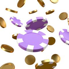 Purple poker chips or tokens with flying coins on isolated background. Online game, bet or casino concept. Casino game of chance with money prizes. Gambling lottery or raffle online entertainment.