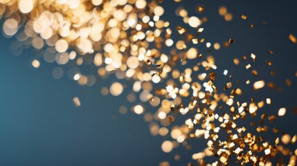 Shiny reflective gold confetti particles scattered in midair against a dark blue background with elegant bokeh effect,