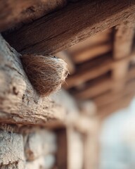 swallow nest attached to a wooden beam under a roof, Natural daylight with soft shadows