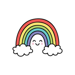 Smiling Cartoon Rainbow Illustration. A whimsical arc of vibrant hues, this animated character radiates pure happiness. It represents joy, childhood magic, and sunny optimism.
