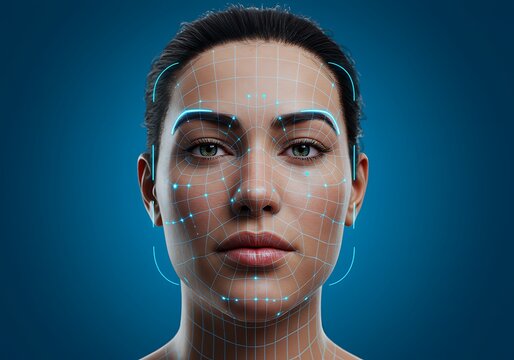 A close-up portrait of a woman's face with a digital grid overlay and glowing blue dots, suggesting facial recognition technology and biometric scanning agai...