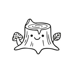 Cute Happy Tree Stump Doodle Art. Charming forest log with a cheerful expression, accompanied by a small mushroom and a fresh sprig. Represents natural joy and resilience.