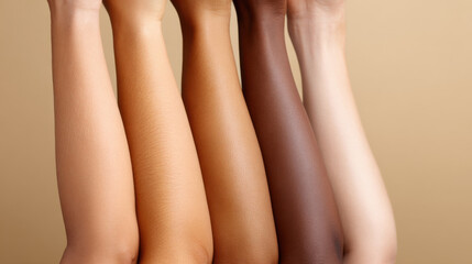 Diverse lineup of female arm represent different skin tone and color variation. Beautiful concept of cosmetic, beauty, body positivity and togetherness for every body