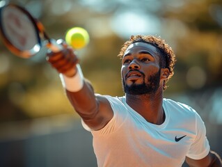tennis player serving an ace on a sunlit court