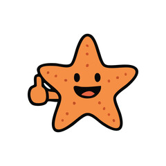 Happy Cartoon Starfish Thumbs Up. A cheerful animated sea star with an orange dotted body extends a positive hand gesture. This evokes feelings of agreement, success, and endorsement.