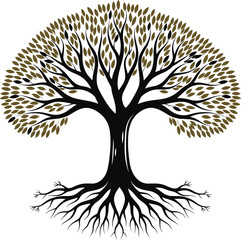 Tree silhouette vector, symmetrical roots and branches, nature design, black trunk, brown leaves, growth concept, seasonal art, minimalist style, spiritual balance illustration