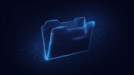 Luminous blue digital folder icon outline glowing on dark background. This futuristic technology concept represents data storage, files, information, and cyber security