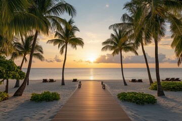 Palm tree beach sunset with calm ocean waves tropical paradise