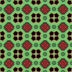 seamless geometric pattern
 The design features a repeating grid of stylized diamond/square motifs and abstract floral or star shapes in high-contrast colors of lime green, black, and bright red-orang
