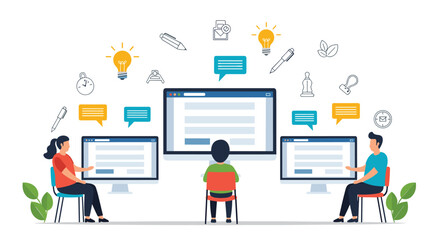Fototapeta premium Collaborative team brainstorms ideas and shares insights digitally, fostering innovation and communication in a modern workspace