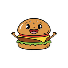 Happy Cartoon Burger Character. This delightful illustrated hamburger radiates joy with its big smile and welcoming arms. A cheerful mascot symbolizing tasty fast food fun.