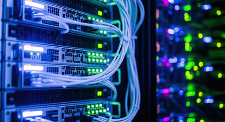 Network server equipment with white fiber optic cables, colorful led status lights. Data center infrastructure, cloud computing hardware, enterprise networking technology facility.